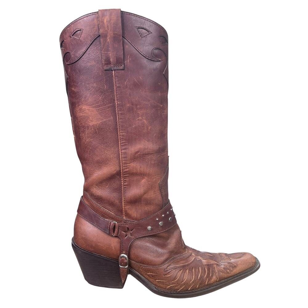 Vintage MIA Thunderbird Rockstar Brown Leather Western Harness Boots Size 7